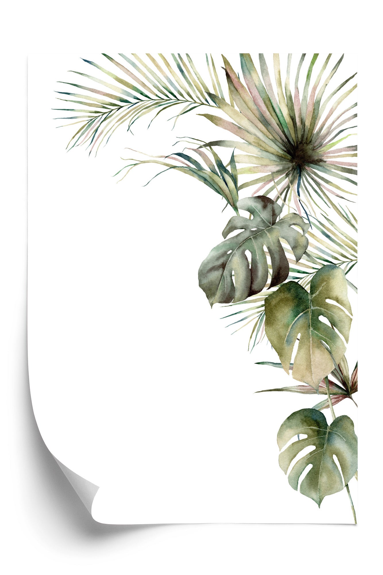 Poster Palmen- Und Monstera-Vegetation Isolierter Aquarellhintergrund Rahmen Holz Mit Passepartout Farbe Natürlich