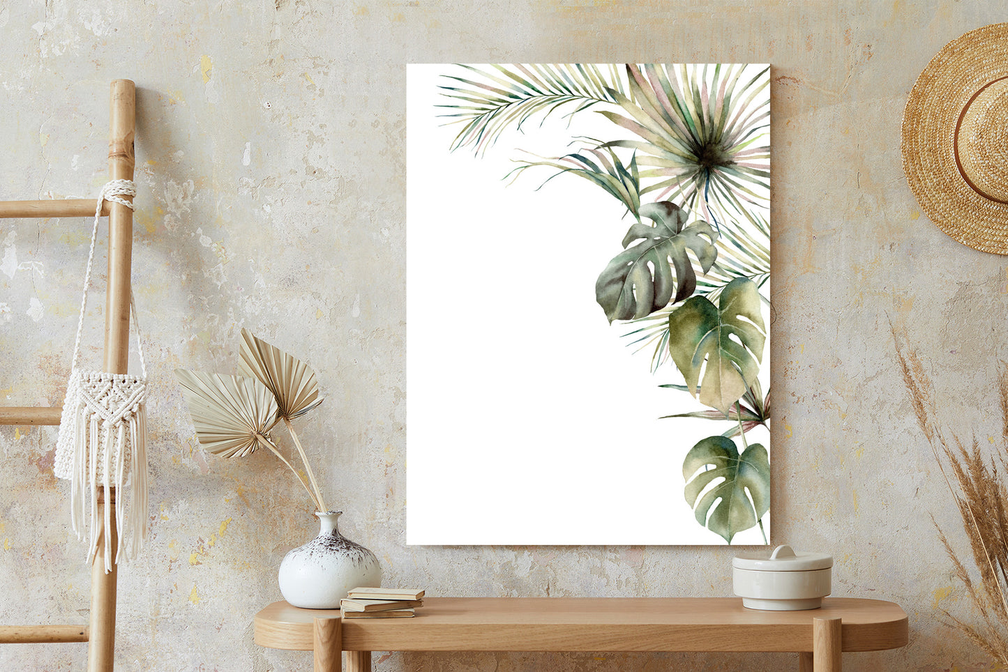 Poster Palmen- Und Monstera-Vegetation Isolierter Aquarellhintergrund Rahmen Holz Mit Passepartout Farbe Natürlich