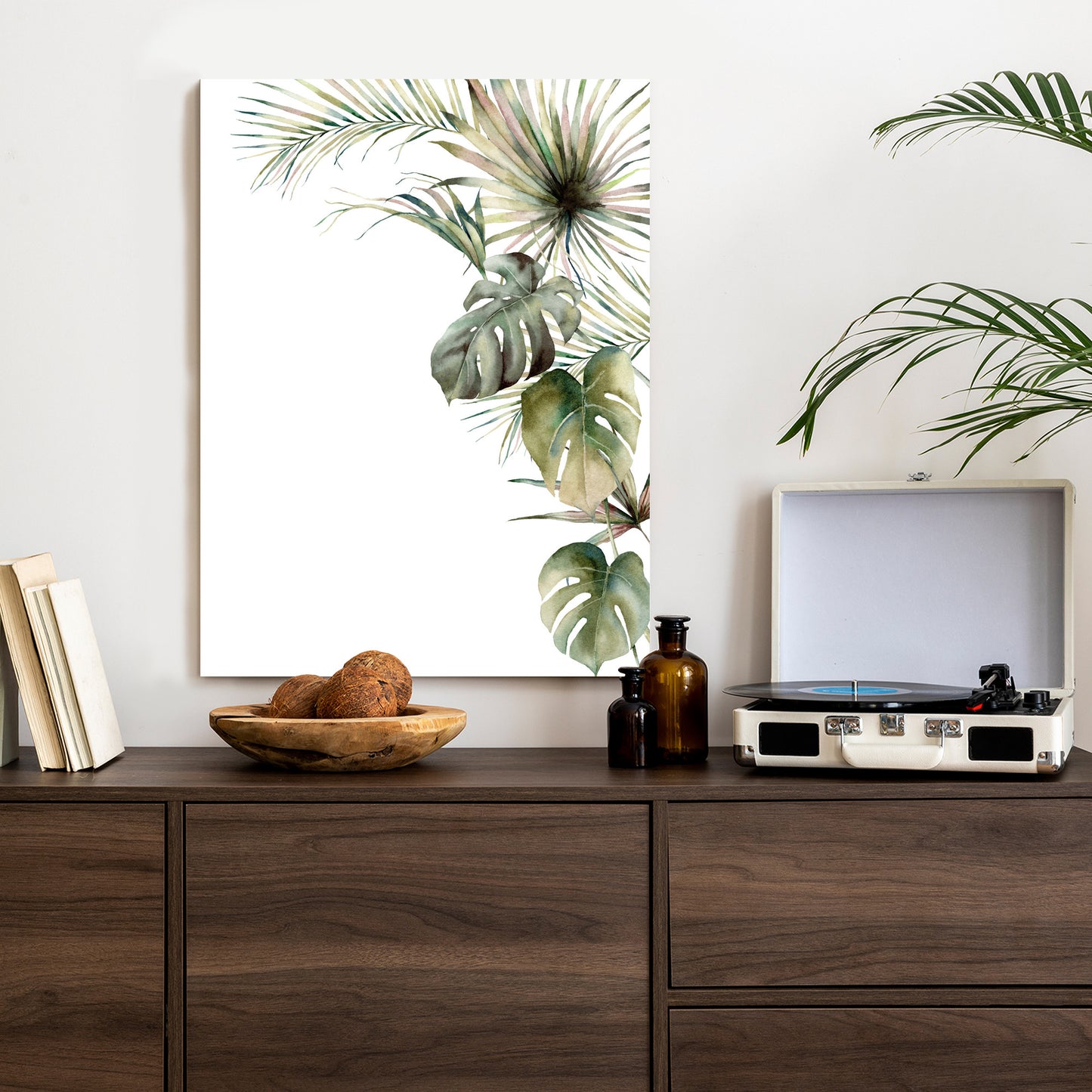Poster Palmen- Und Monstera-Vegetation Isolierter Aquarellhintergrund Rahmen Holz Mit Passepartout Farbe Natürlich