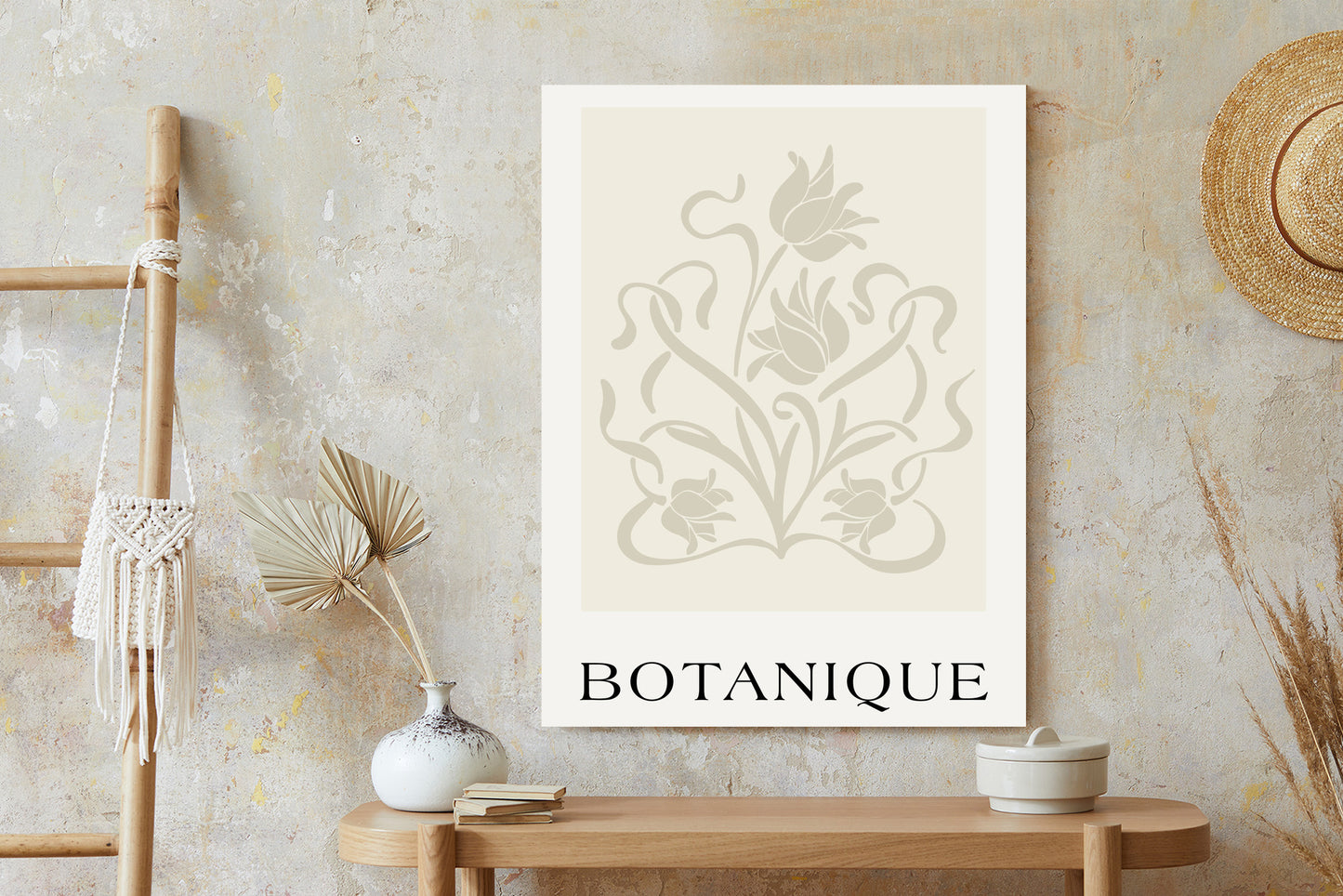 Poster Botanische Beige Blätter Und Blüten Rahmen Holz Mit Passepartout Farbe Natürlich