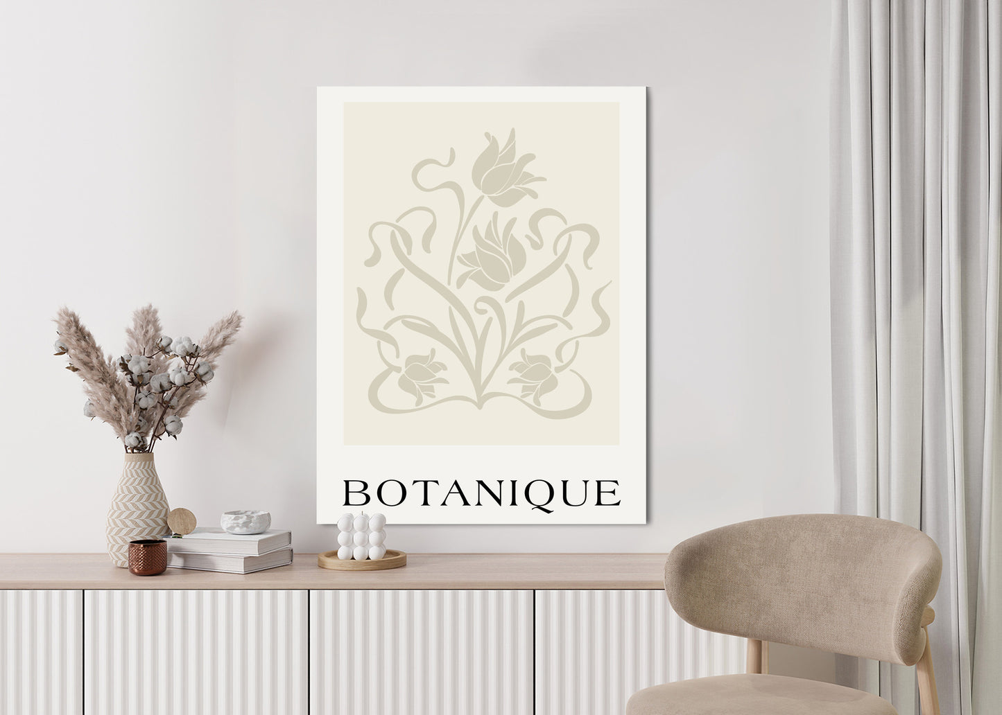 Poster Botanische Beige Blätter Und Blüten Rahmen Holz Mit Passepartout Farbe Natürlich