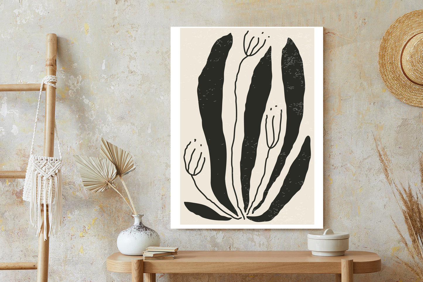 Poster Große Schwarze Blätter Und Blüten Im Matisse-Stil