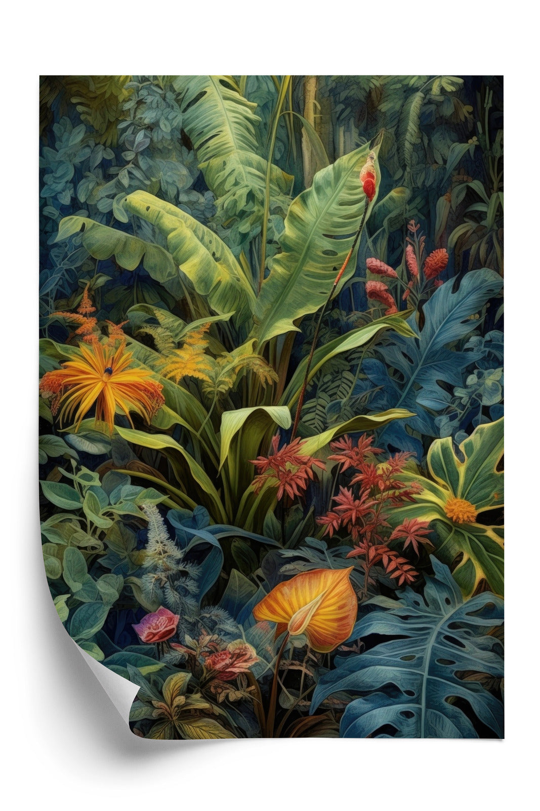 Poster Pflanzen Und Blätter In Einem Farbenfrohen Tropischen Dschungel Rahmen Holz Mit Passepartout Farbe Natürlich