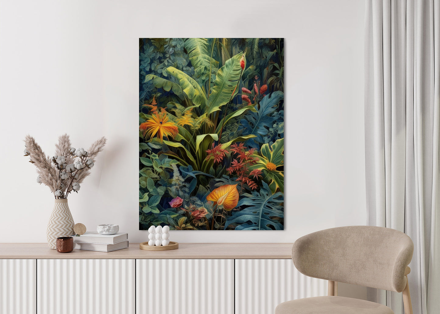 Poster Pflanzen Und Blätter In Einem Farbenfrohen Tropischen Dschungel Rahmen Holz Mit Passepartout Farbe Natürlich