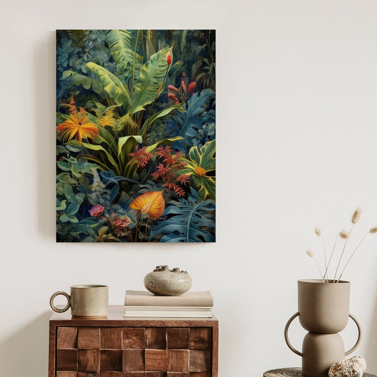 Poster Pflanzen Und Blätter In Einem Farbenfrohen Tropischen Dschungel Rahmen Holz Mit Passepartout Farbe Natürlich