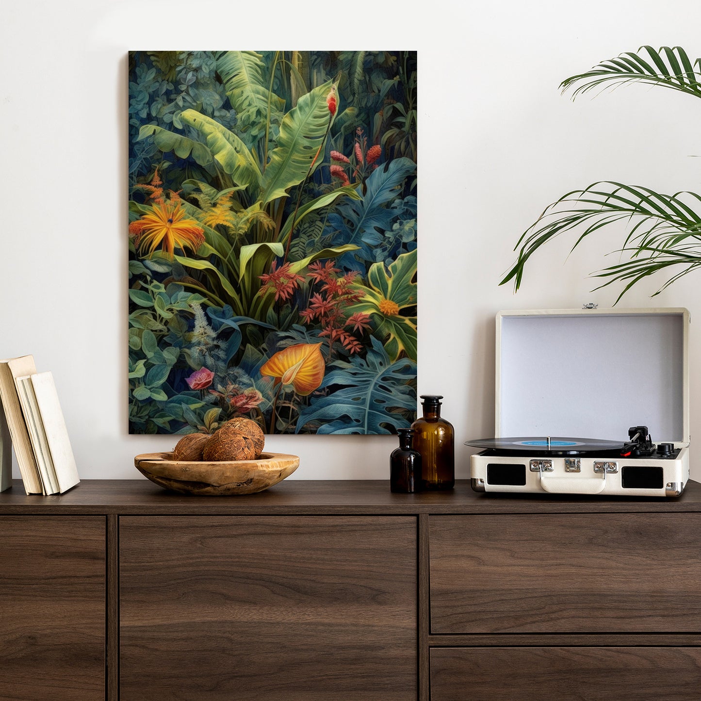 Poster Pflanzen Und Blätter In Einem Farbenfrohen Tropischen Dschungel Rahmen Holz Mit Passepartout Farbe Natürlich