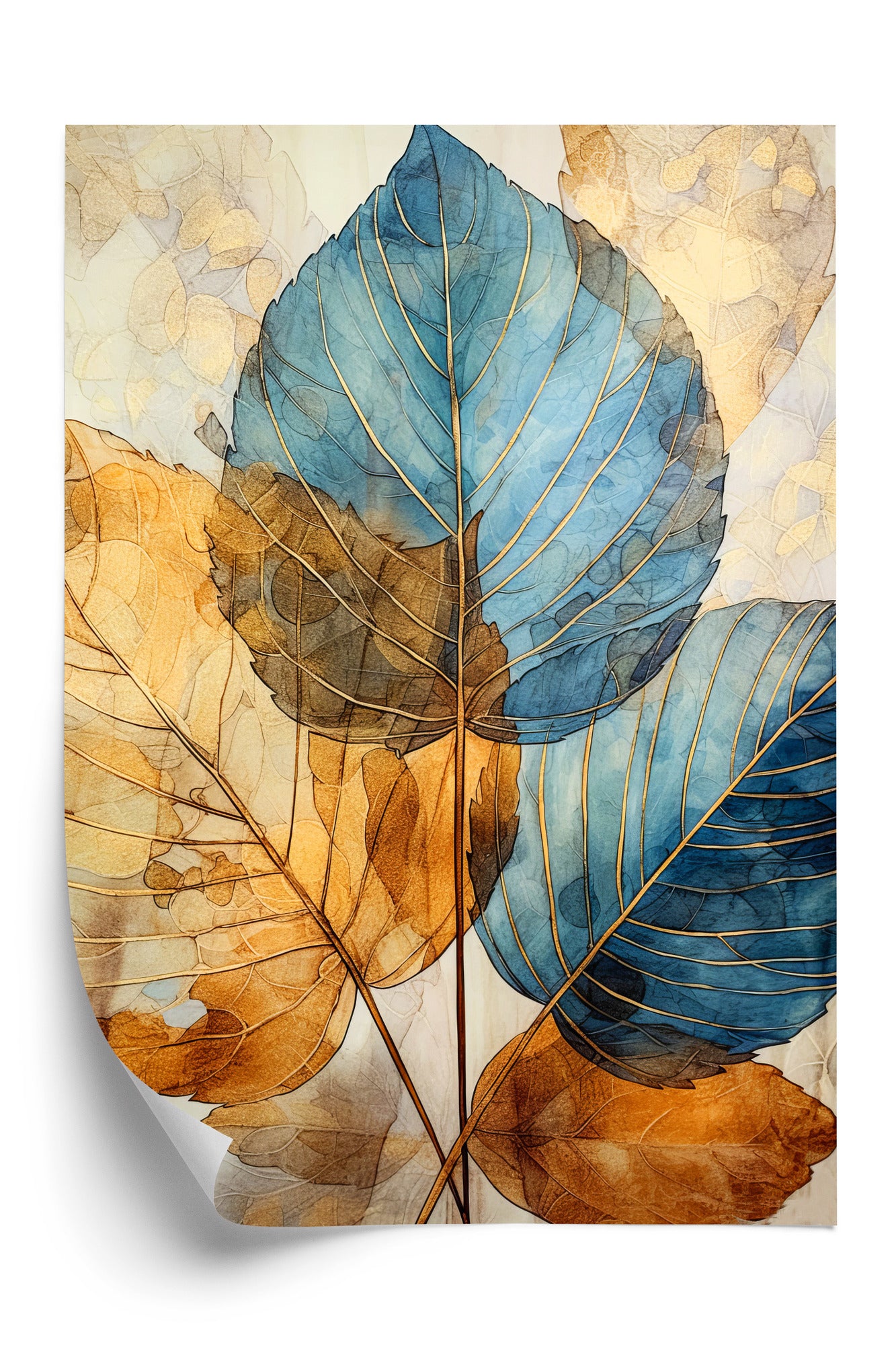 Poster Goldene Und Blaue Aquarellblätter Rahmen Holz Mit Passepartout Farbe Natürlich