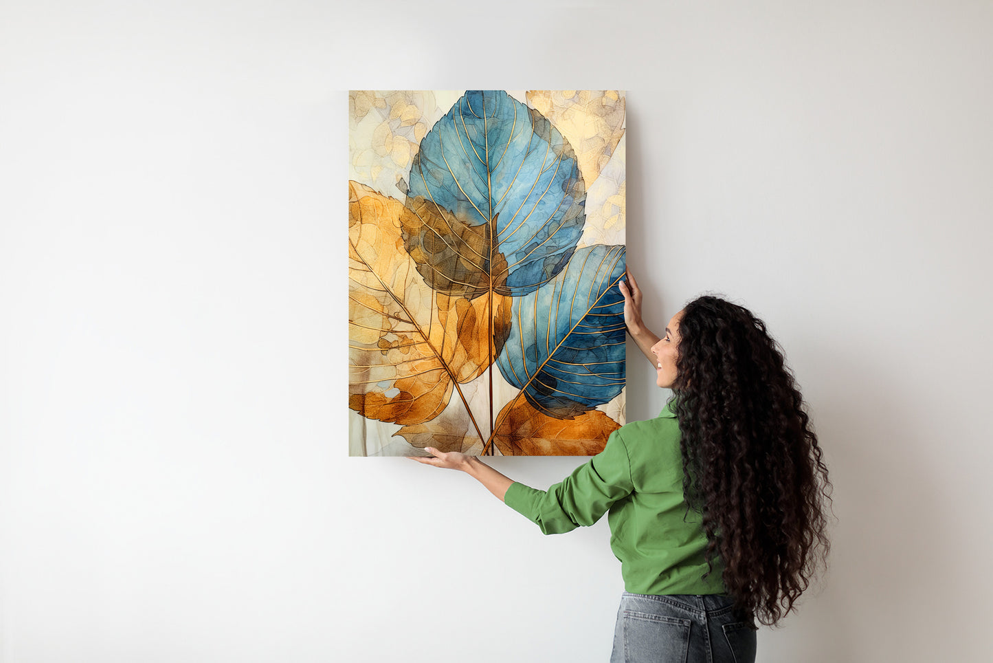 Poster Goldene Und Blaue Aquarellblätter Rahmen Holz Mit Passepartout Farbe Natürlich