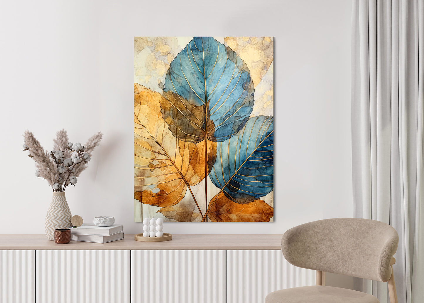 Poster Goldene Und Blaue Aquarellblätter Rahmen Holz Mit Passepartout Farbe Natürlich