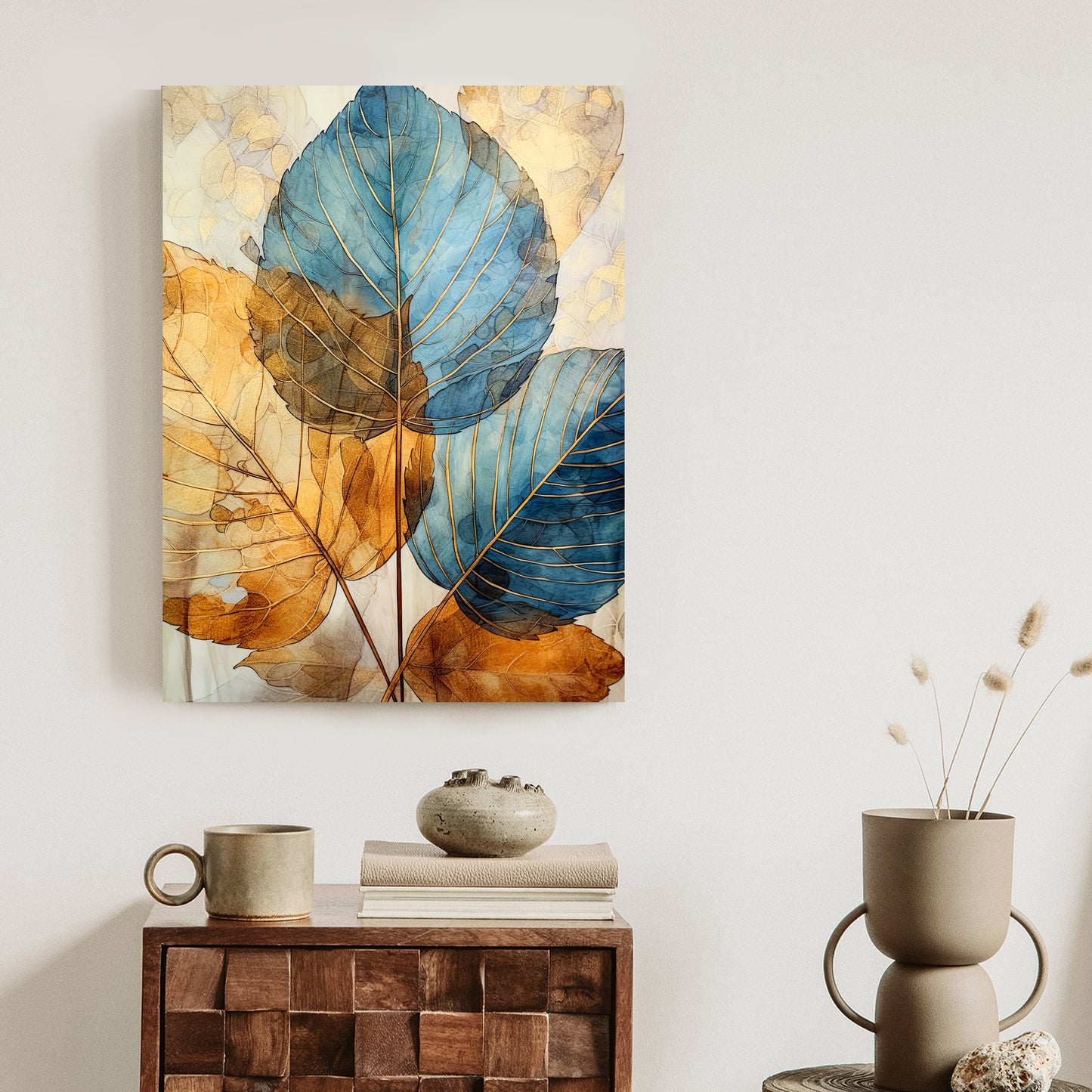 Poster Goldene Und Blaue Aquarellblätter Rahmen Holz Mit Passepartout Farbe Natürlich
