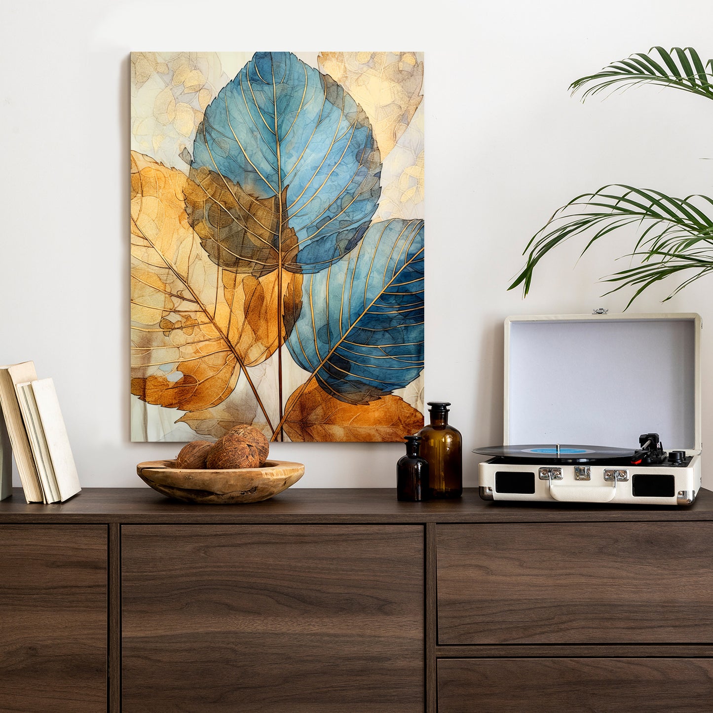 Poster Goldene Und Blaue Aquarellblätter Rahmen Holz Mit Passepartout Farbe Natürlich