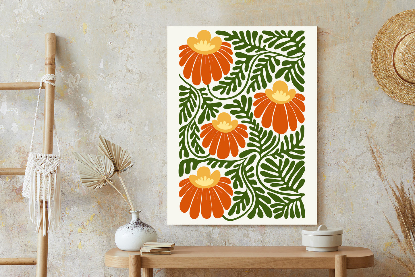 Poster Rote Blumen Im Stil Von Matisse Rahmen Holz Mit Passepartout Farbe Natürlich