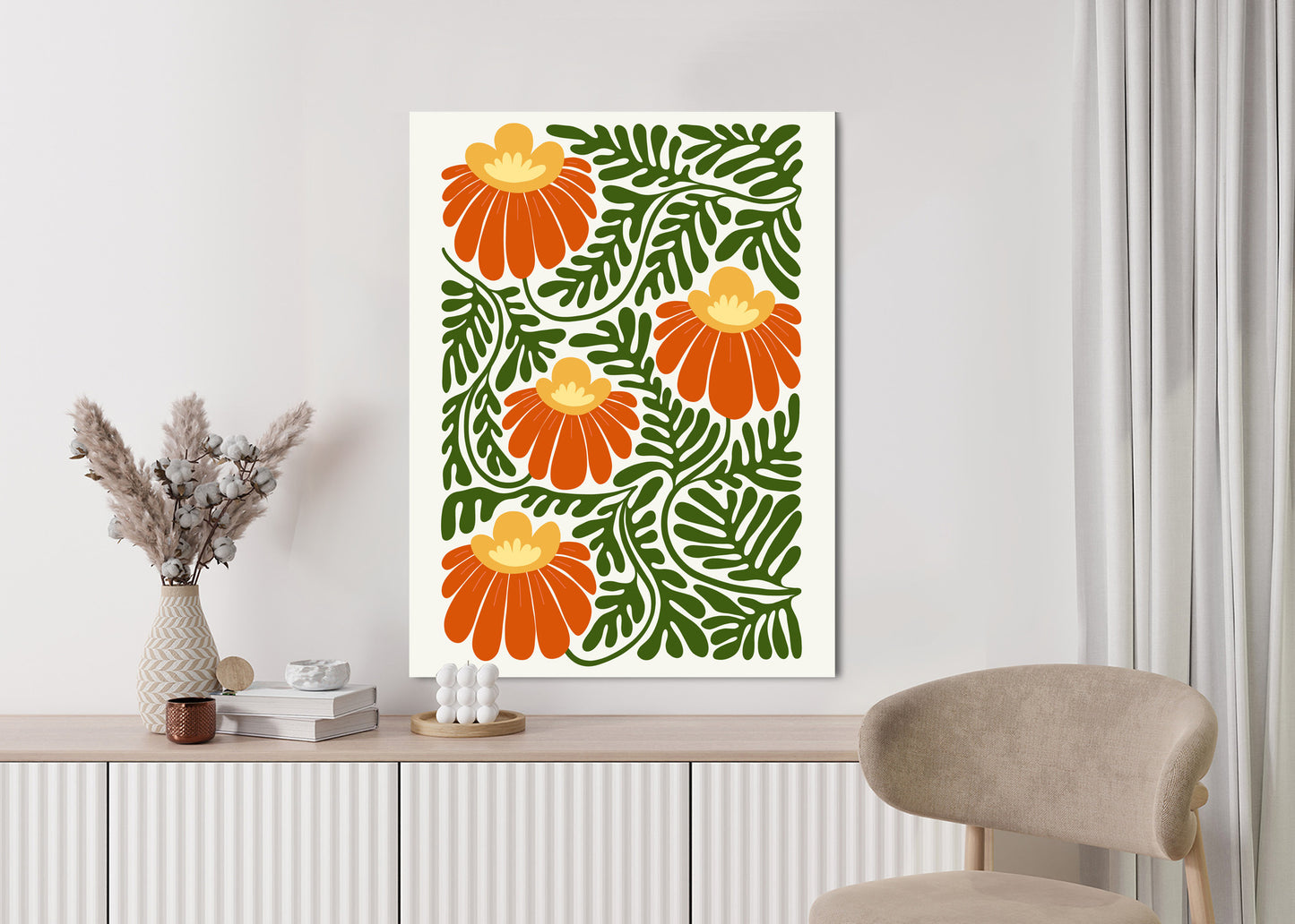Poster Rote Blumen Im Stil Von Matisse Rahmen Holz Mit Passepartout Farbe Natürlich