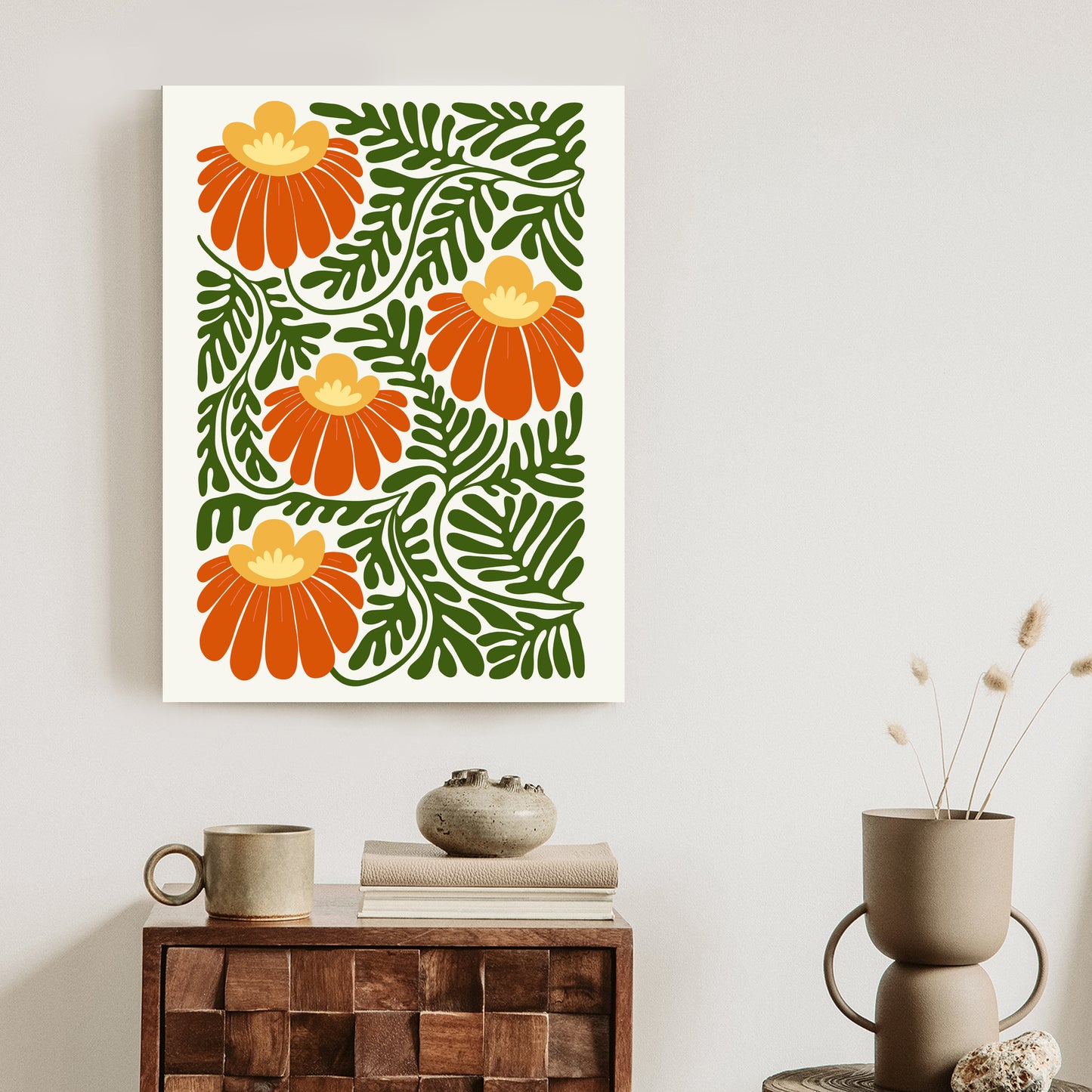Poster Rote Blumen Im Stil Von Matisse Rahmen Holz Mit Passepartout Farbe Natürlich