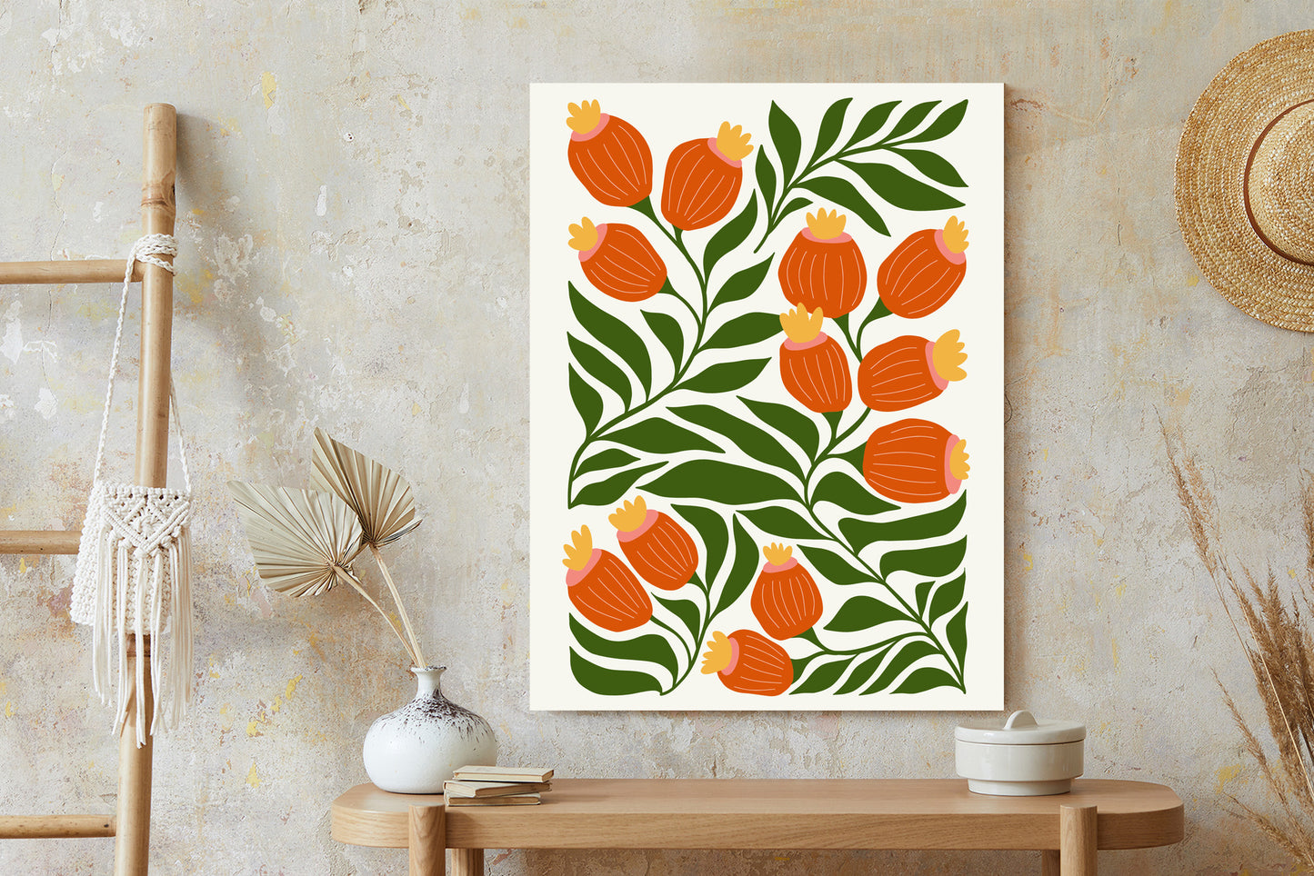 Poster Minimalistische Rote Blumen Und Grüne Blätter
