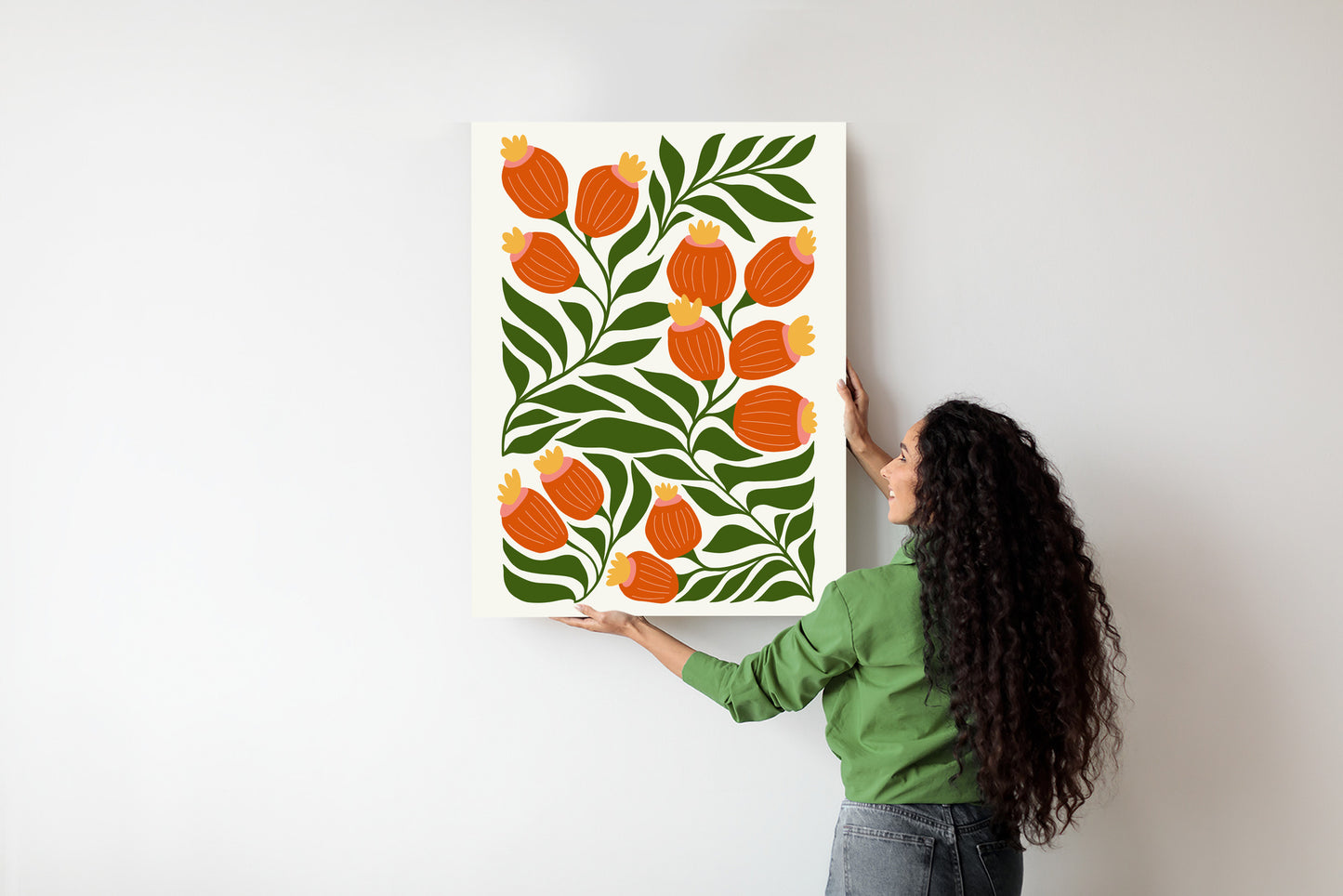 Poster Minimalistische Rote Blumen Und Grüne Blätter
