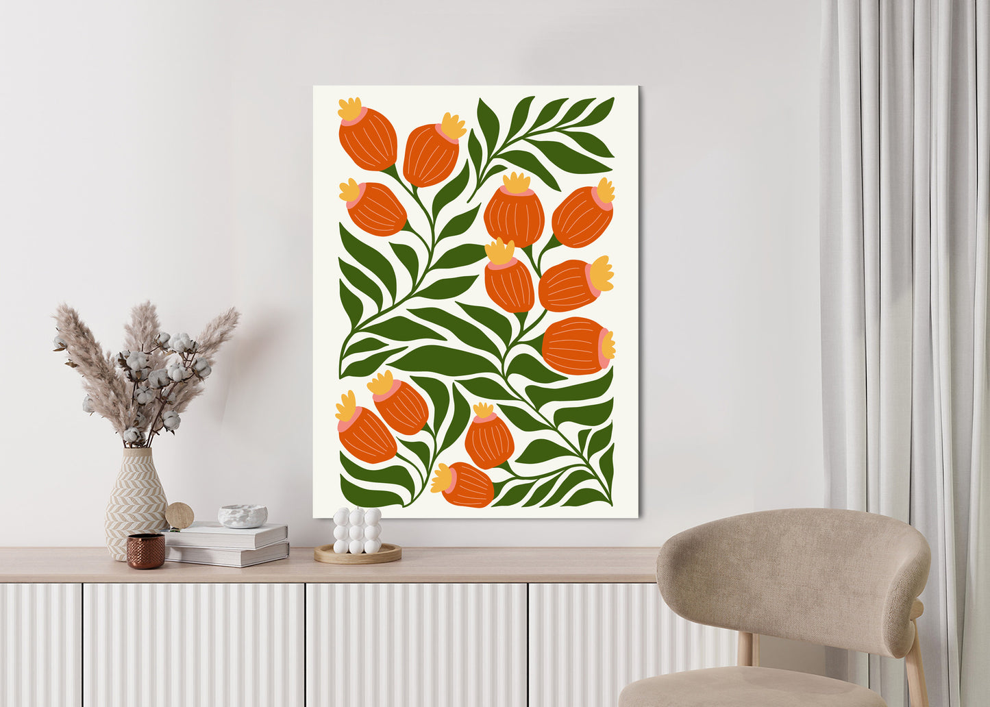Poster Minimalistische Rote Blumen Und Grüne Blätter