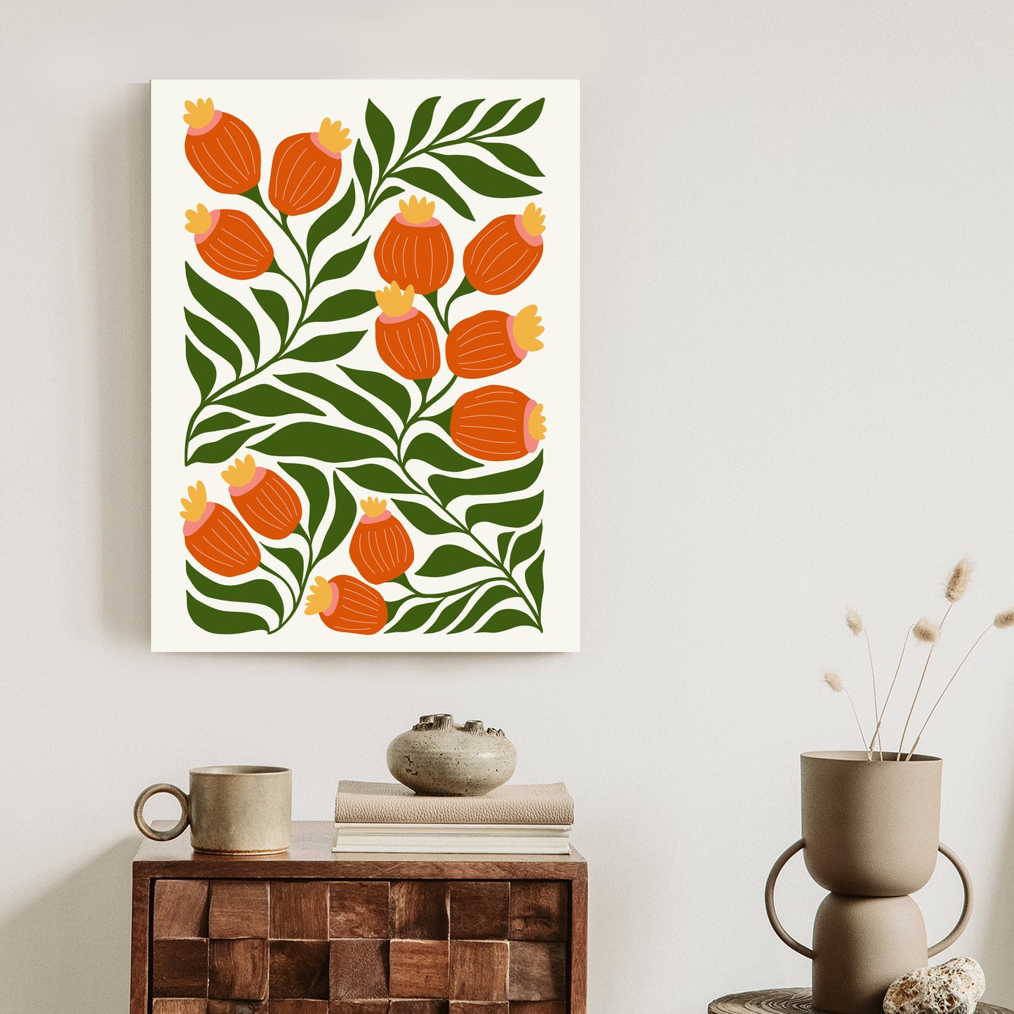 Poster Minimalistische Rote Blumen Und Grüne Blätter