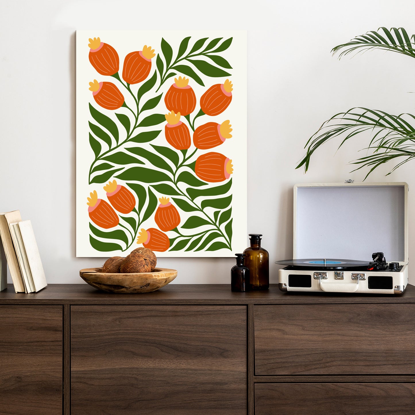 Poster Minimalistische Rote Blumen Und Grüne Blätter