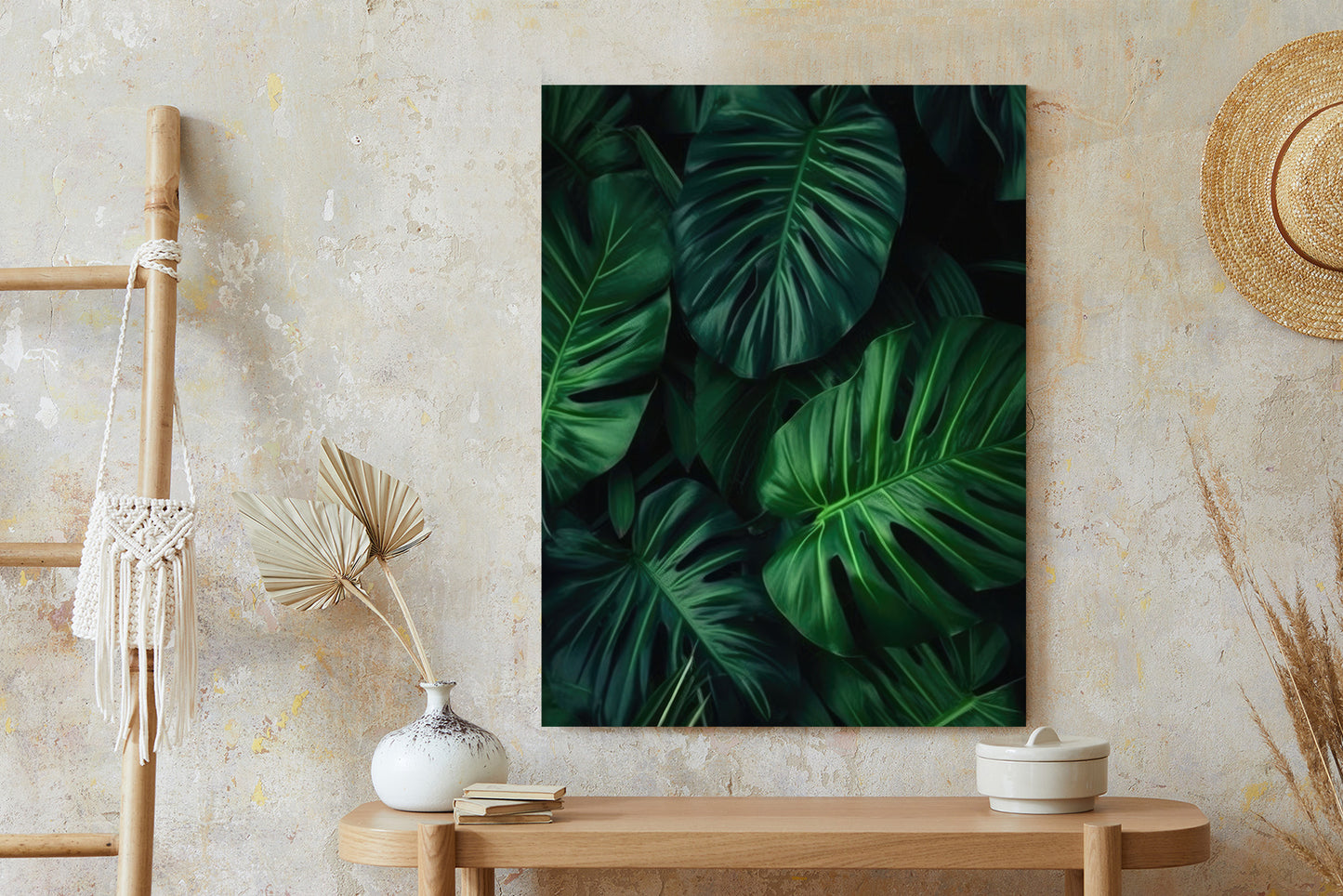 Poster Botanisches Muster Aus Dunkelgrünen Monstera-Blättern Rahmen Holz Mit Passepartout Farbe Natürlich