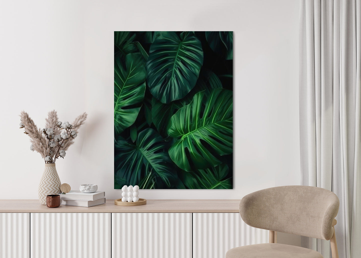 Poster Botanisches Muster Aus Dunkelgrünen Monstera-Blättern Rahmen Holz Mit Passepartout Farbe Natürlich