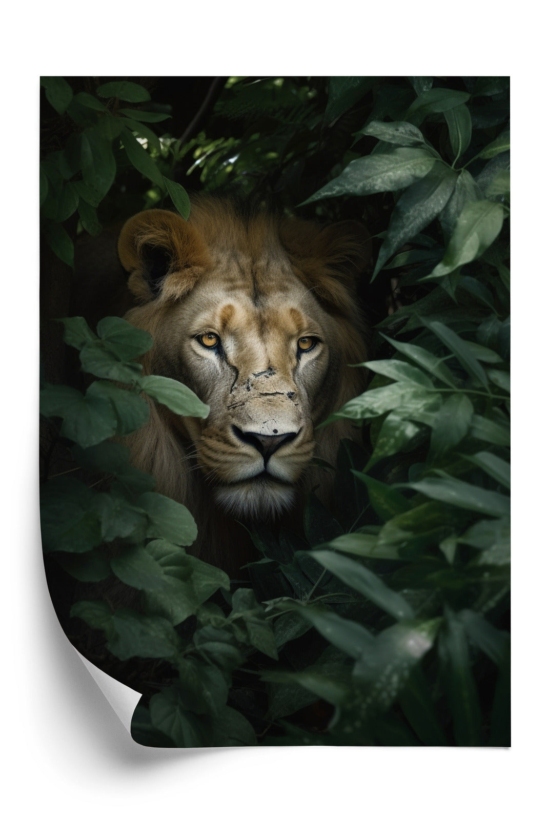 Poster Löwe Zwischen Grünen Blättern Im Dschungel