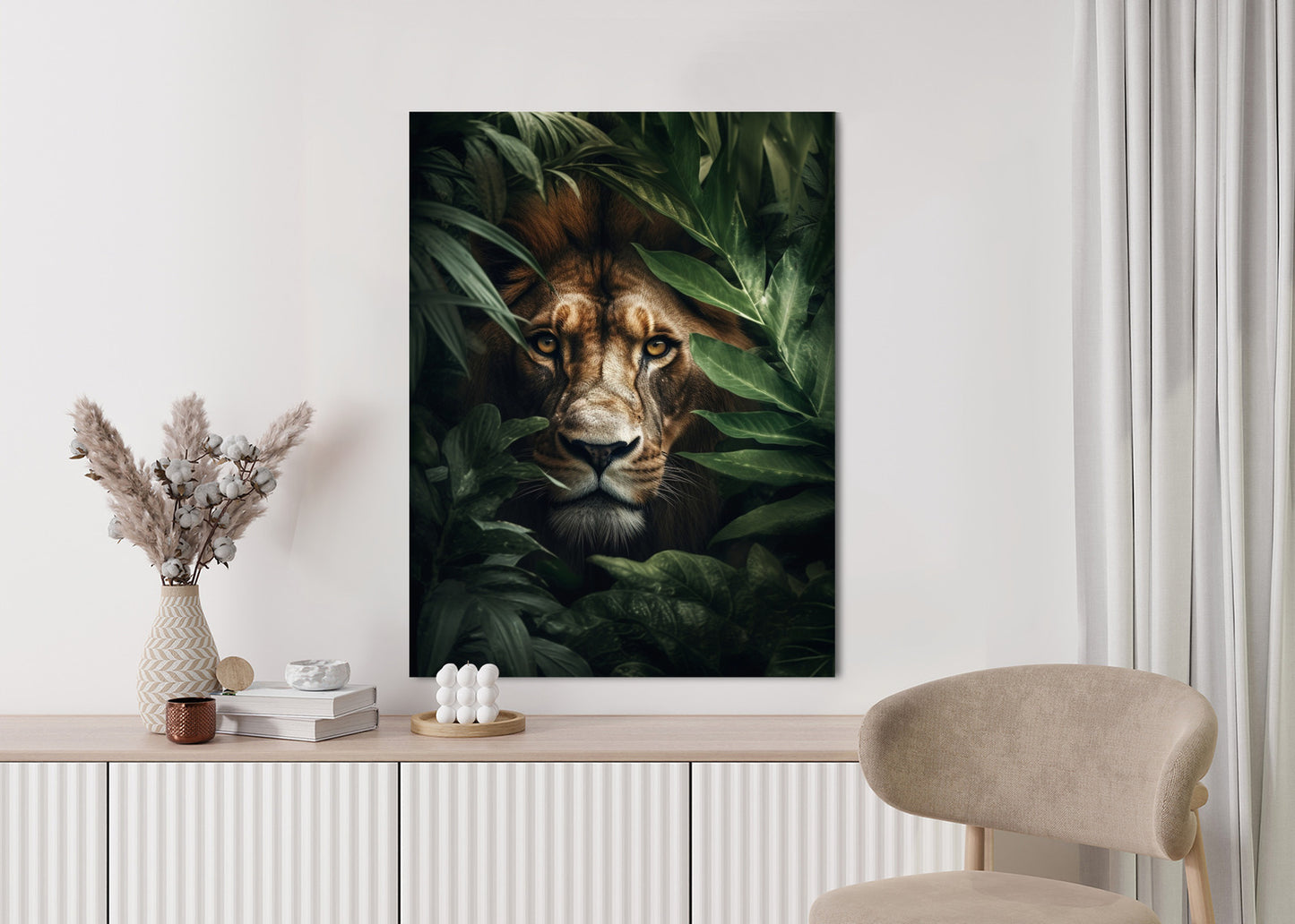Poster Porträt Eines Löwen Inmitten Tropischer Blätter Rahmen Hölzern Farbe Natürlich