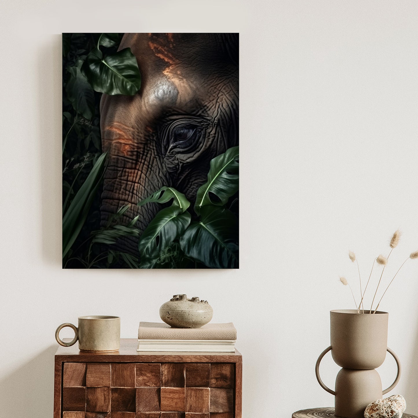 Poster Porträt Eines Elefanten Zwischen Tropischen Bäumen