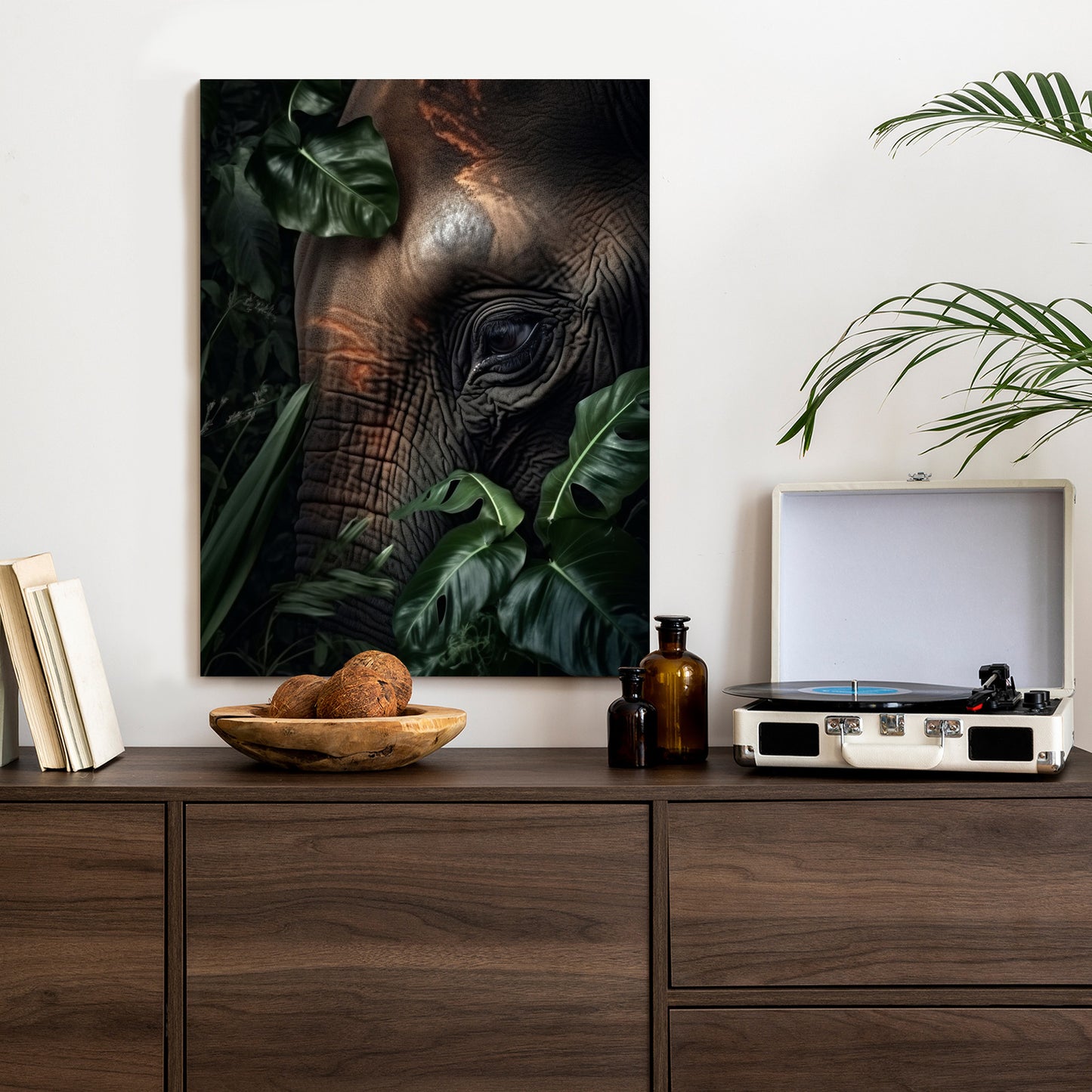 Poster Porträt Eines Elefanten Zwischen Tropischen Bäumen