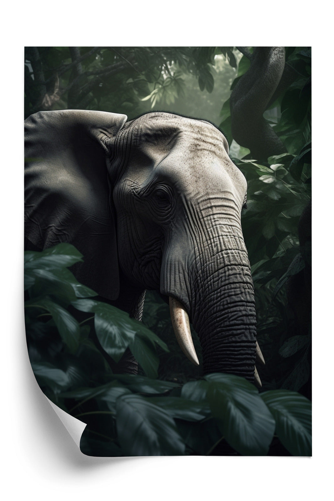 Poster Üppige Dschungelvegetation Und Ein Elefant Rahmen Holz Mit Passepartout Farbe Natürlich
