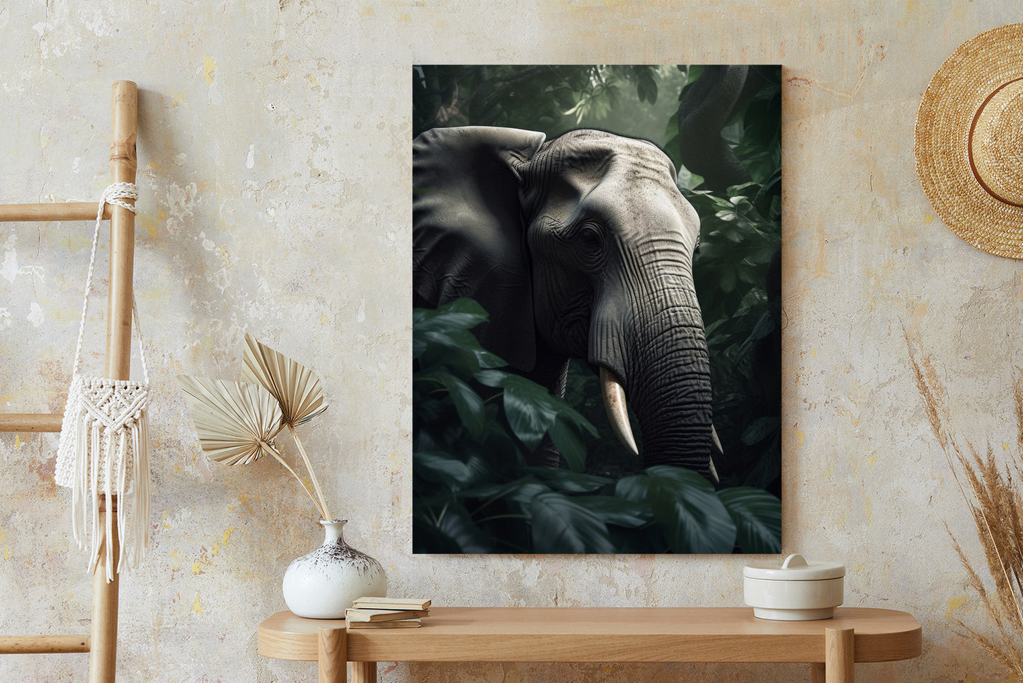Poster Üppige Dschungelvegetation Und Ein Elefant Rahmen Holz Mit Passepartout Farbe Natürlich