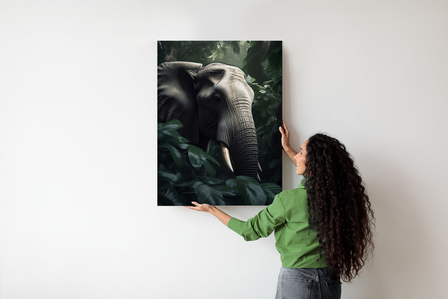 Poster Üppige Dschungelvegetation Und Ein Elefant Rahmen Holz Mit Passepartout Farbe Natürlich