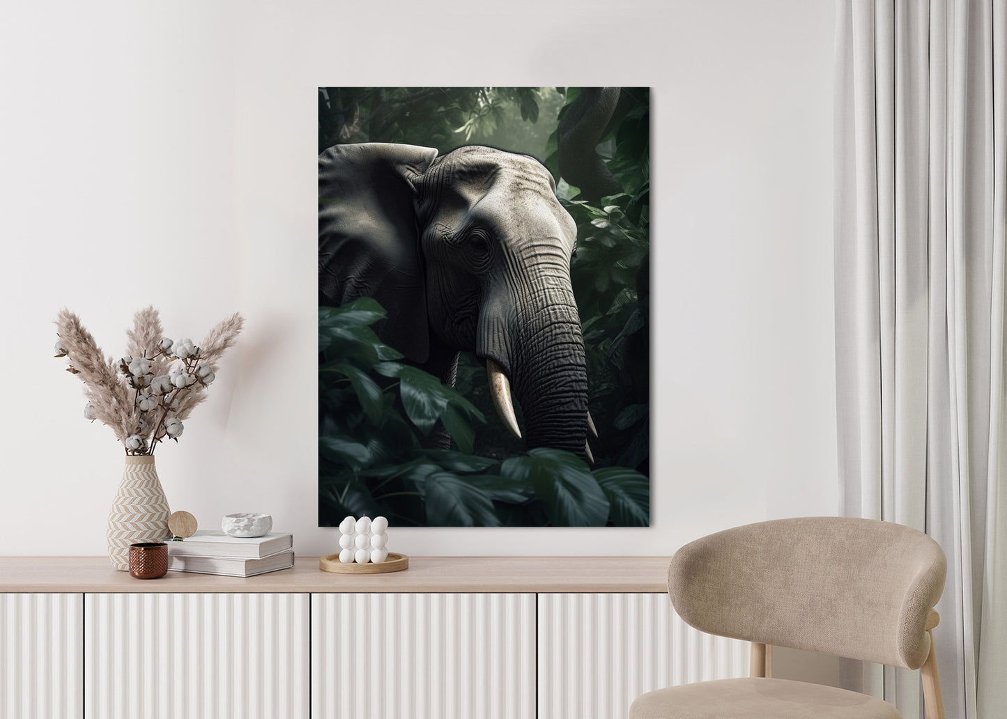 Poster Üppige Dschungelvegetation Und Ein Elefant Rahmen Holz Mit Passepartout Farbe Natürlich