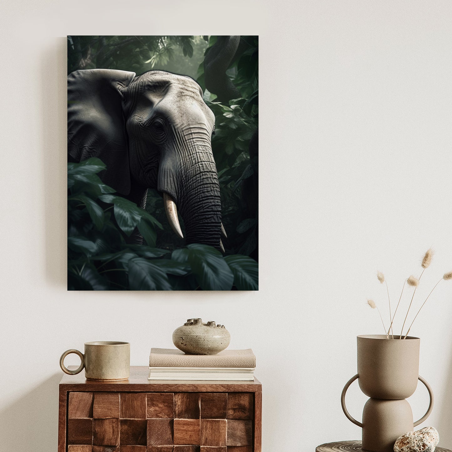 Poster Üppige Dschungelvegetation Und Ein Elefant Rahmen Holz Mit Passepartout Farbe Natürlich