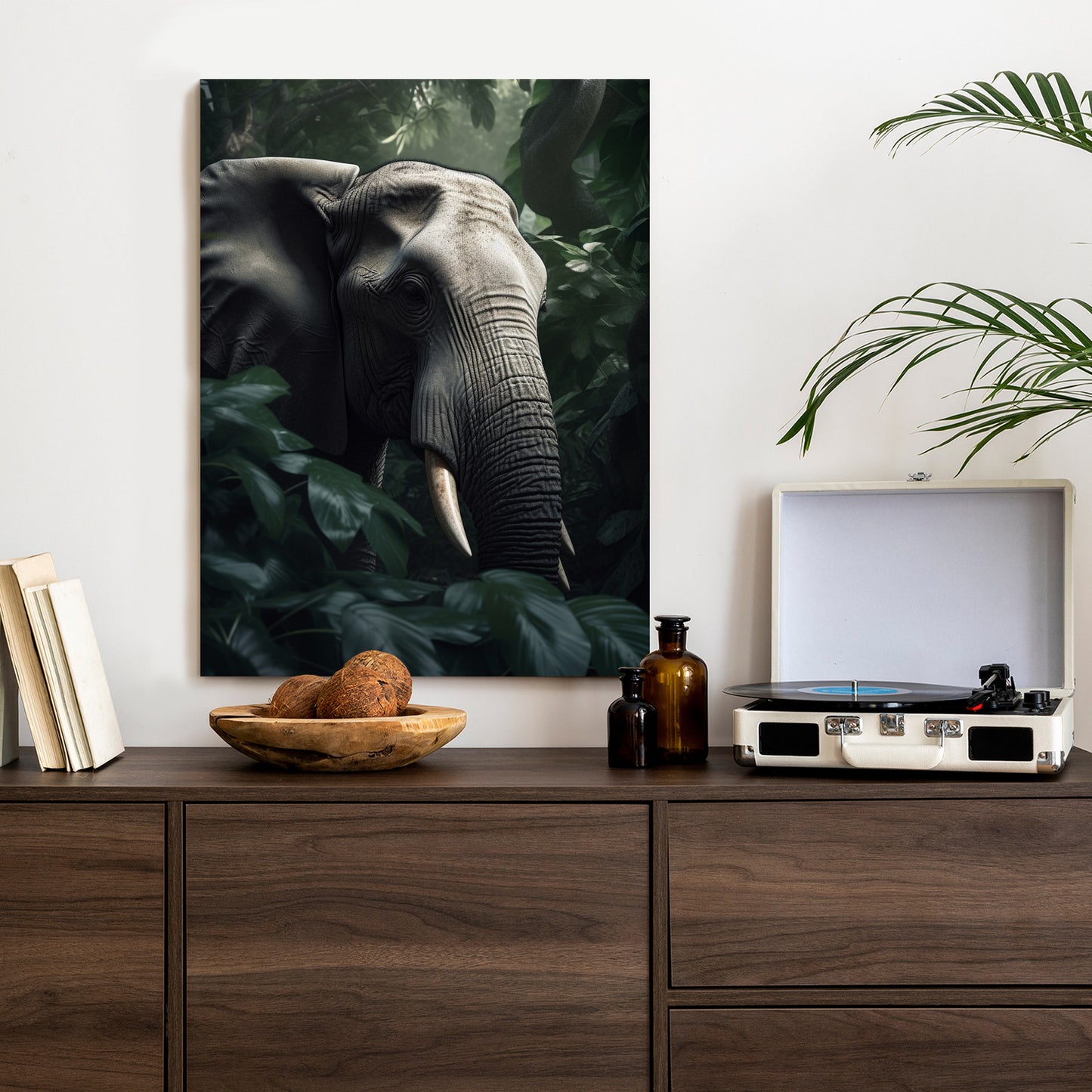 Poster Üppige Dschungelvegetation Und Ein Elefant Rahmen Holz Mit Passepartout Farbe Natürlich