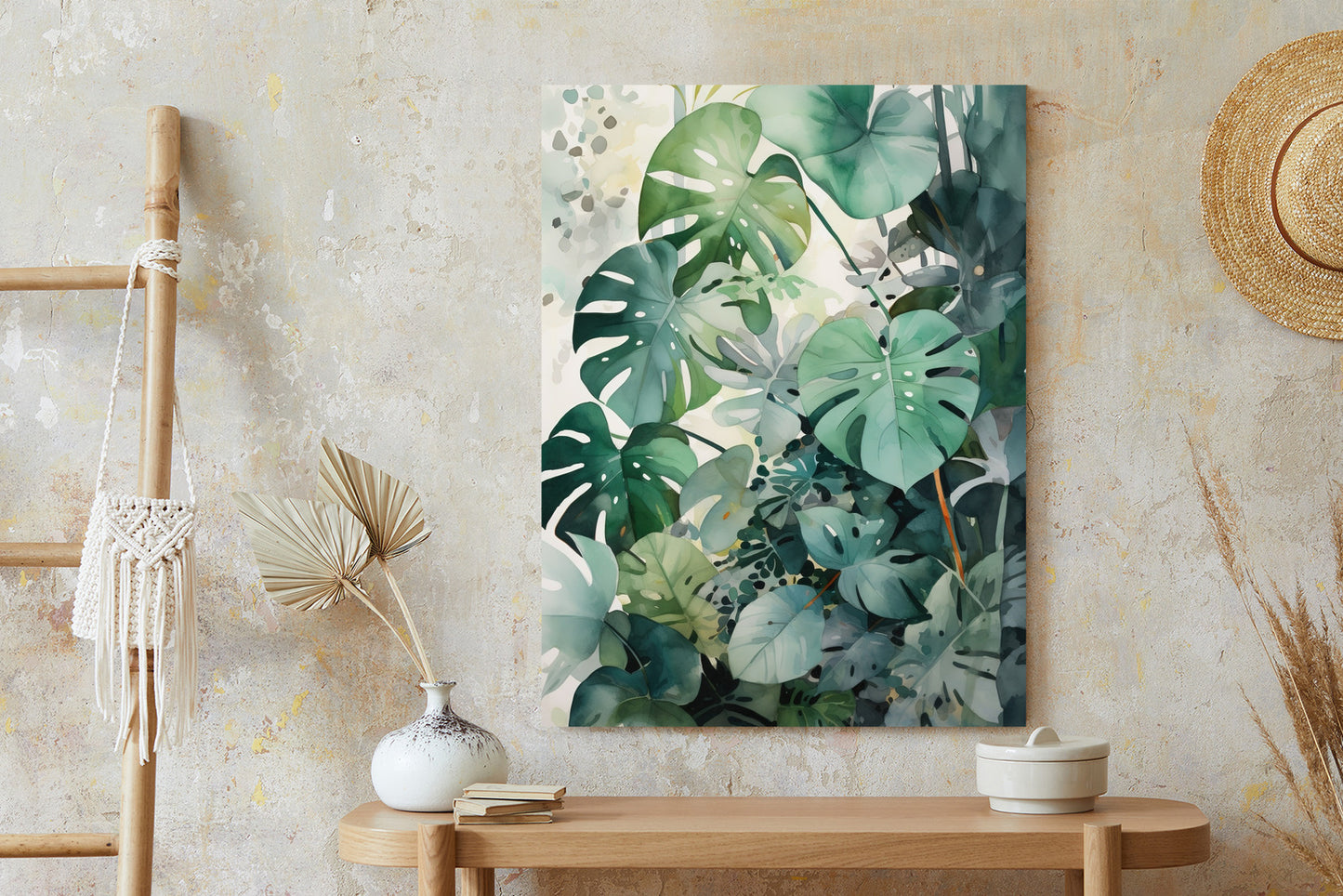 Poster Botanischer Grüner Monstera-Hintergrund Rahmen Holz Mit Passepartout Farbe Natürlich