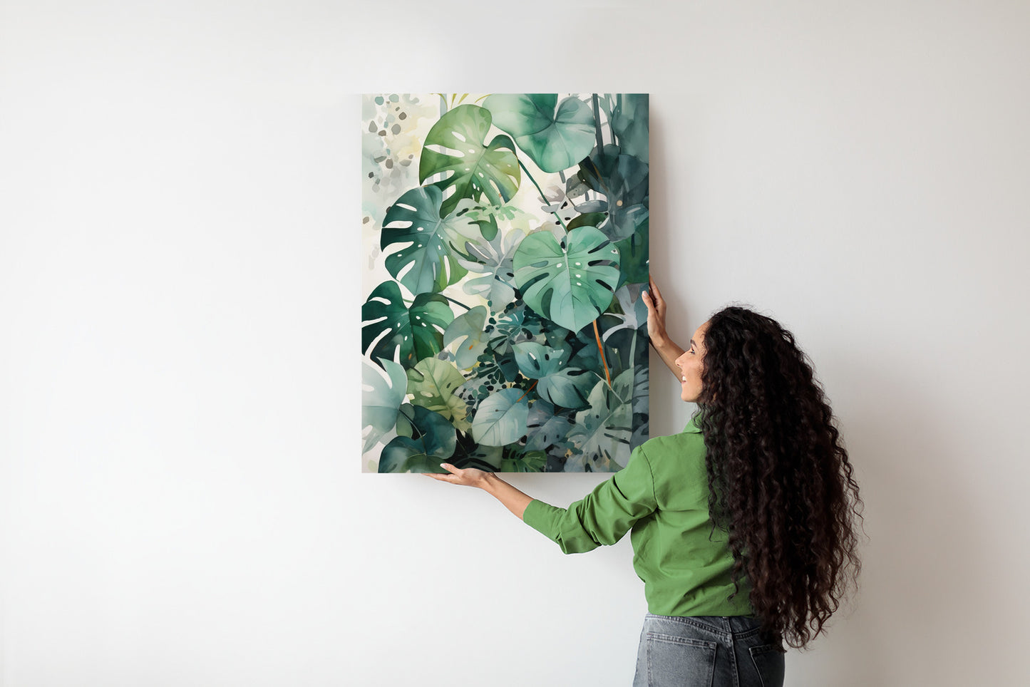 Poster Botanischer Grüner Monstera-Hintergrund Rahmen Holz Mit Passepartout Farbe Natürlich