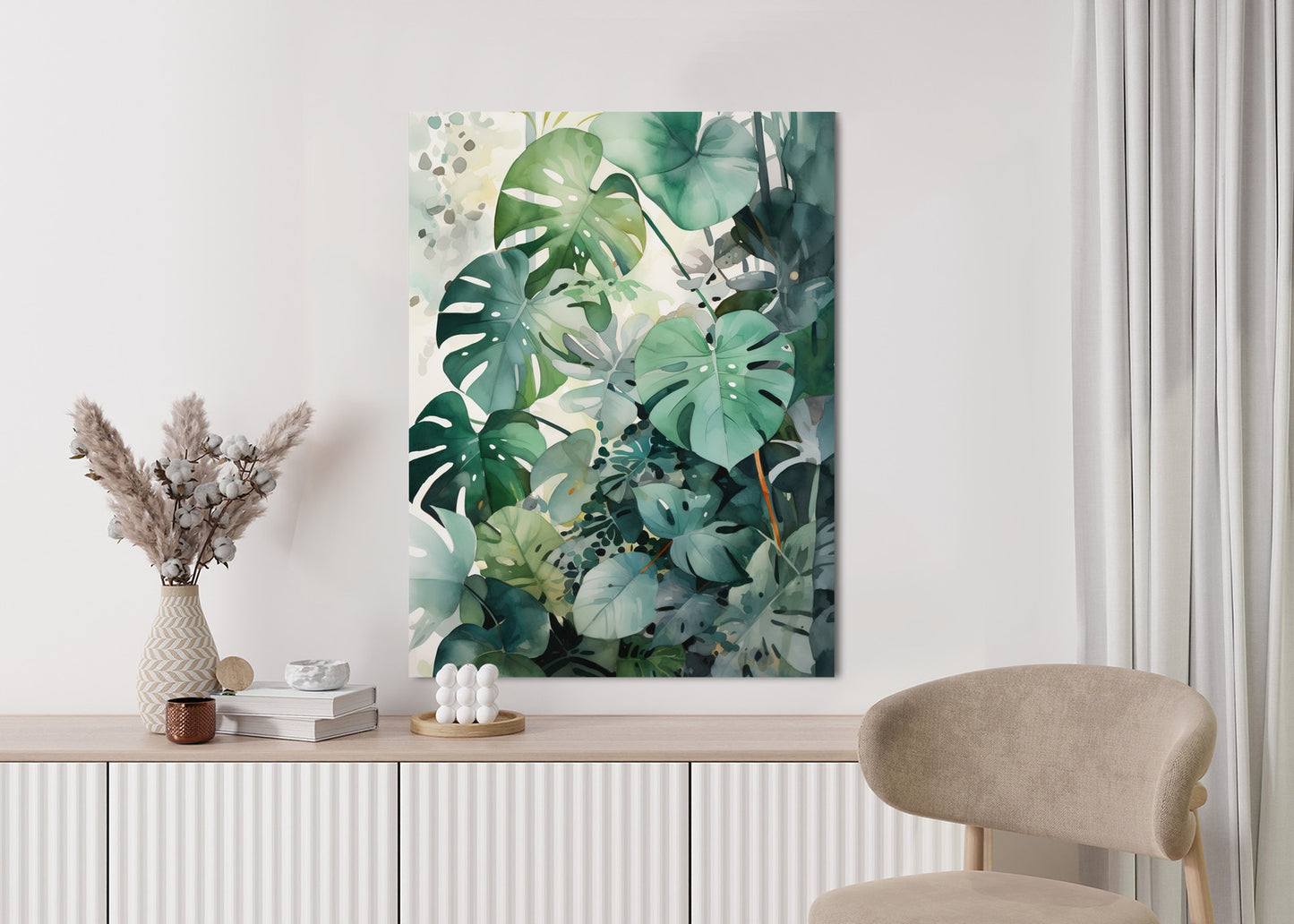 Poster Botanischer Grüner Monstera-Hintergrund Rahmen Holz Mit Passepartout Farbe Natürlich