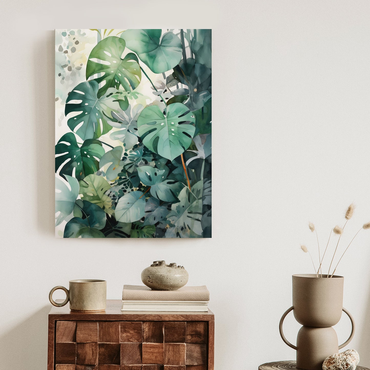 Poster Botanischer Grüner Monstera-Hintergrund Rahmen Holz Mit Passepartout Farbe Natürlich