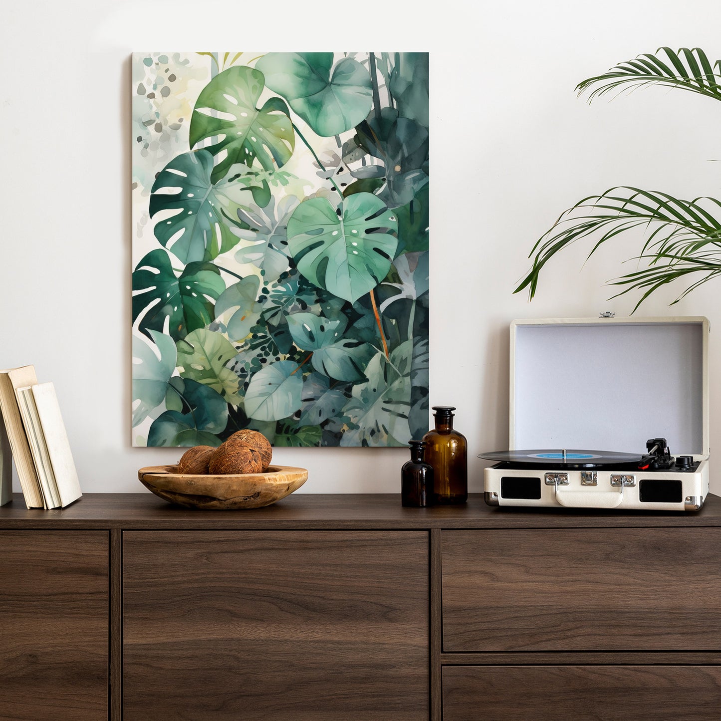 Poster Botanischer Grüner Monstera-Hintergrund Rahmen Holz Mit Passepartout Farbe Natürlich