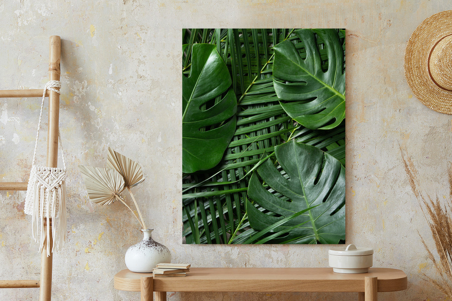 Poster Grüne Monstera Und Palmblätter Rahmen Holz Mit Passepartout Farbe Natürlich