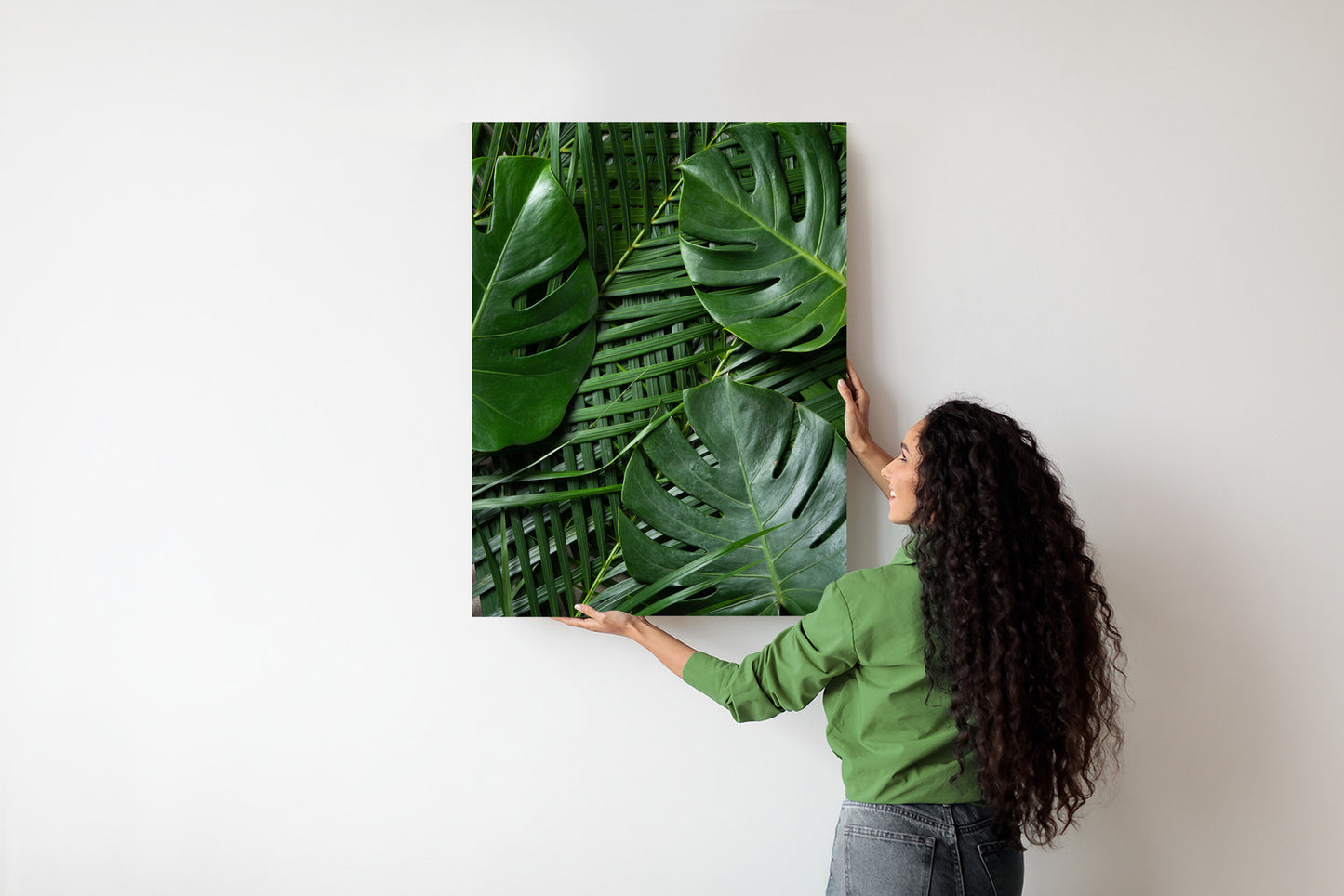 Poster Grüne Monstera Und Palmblätter Rahmen Holz Mit Passepartout Farbe Natürlich