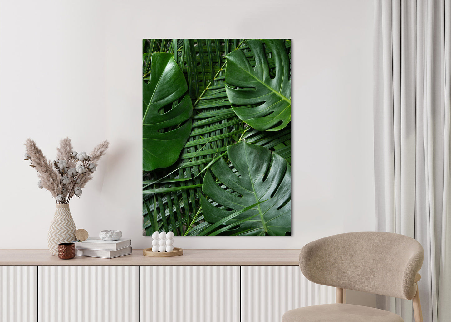 Poster Grüne Monstera Und Palmblätter Rahmen Holz Mit Passepartout Farbe Natürlich