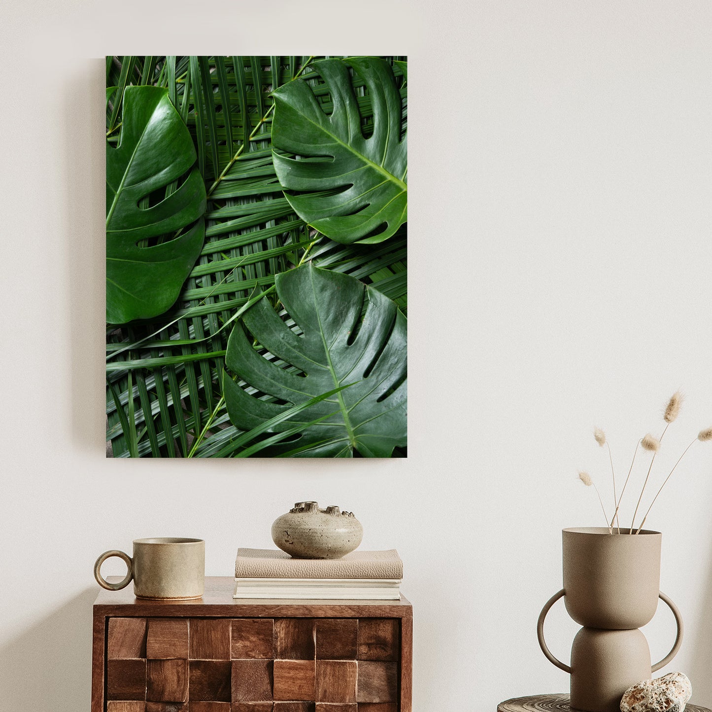 Poster Grüne Monstera Und Palmblätter Rahmen Holz Mit Passepartout Farbe Natürlich