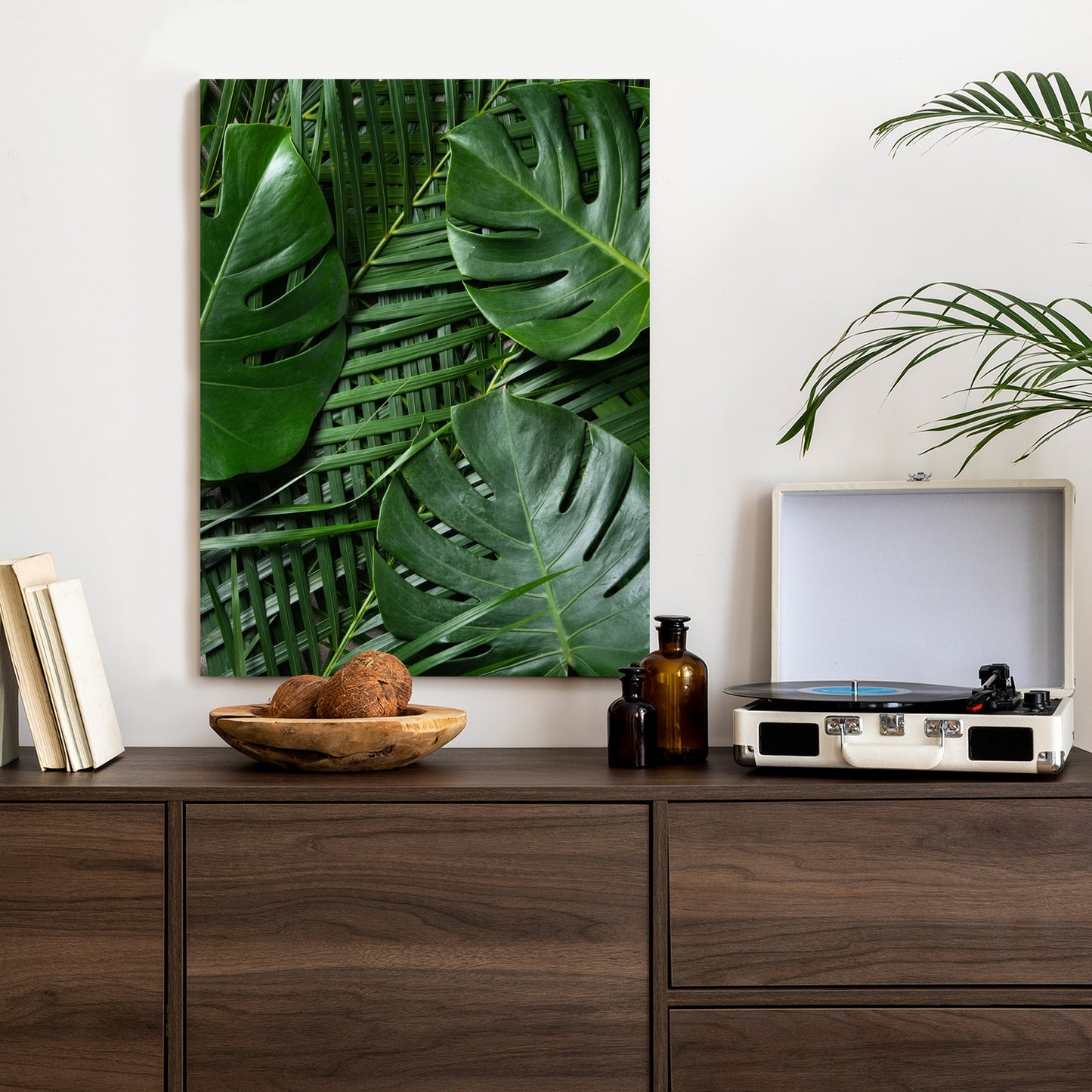 Poster Grüne Monstera Und Palmblätter Rahmen Holz Mit Passepartout Farbe Natürlich
