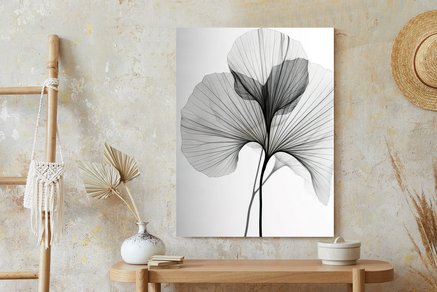 Poster Schwarze Ginkgoblätter Rahmen Hölzern Farbe Natürlich
