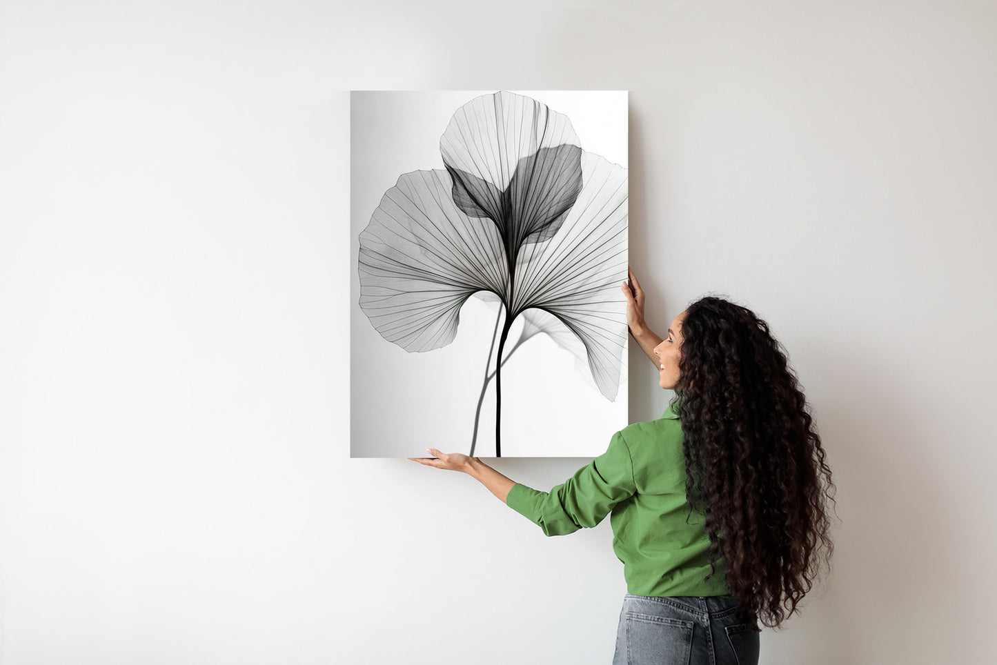 Poster Schwarze Ginkgoblätter Rahmen Hölzern Farbe Natürlich