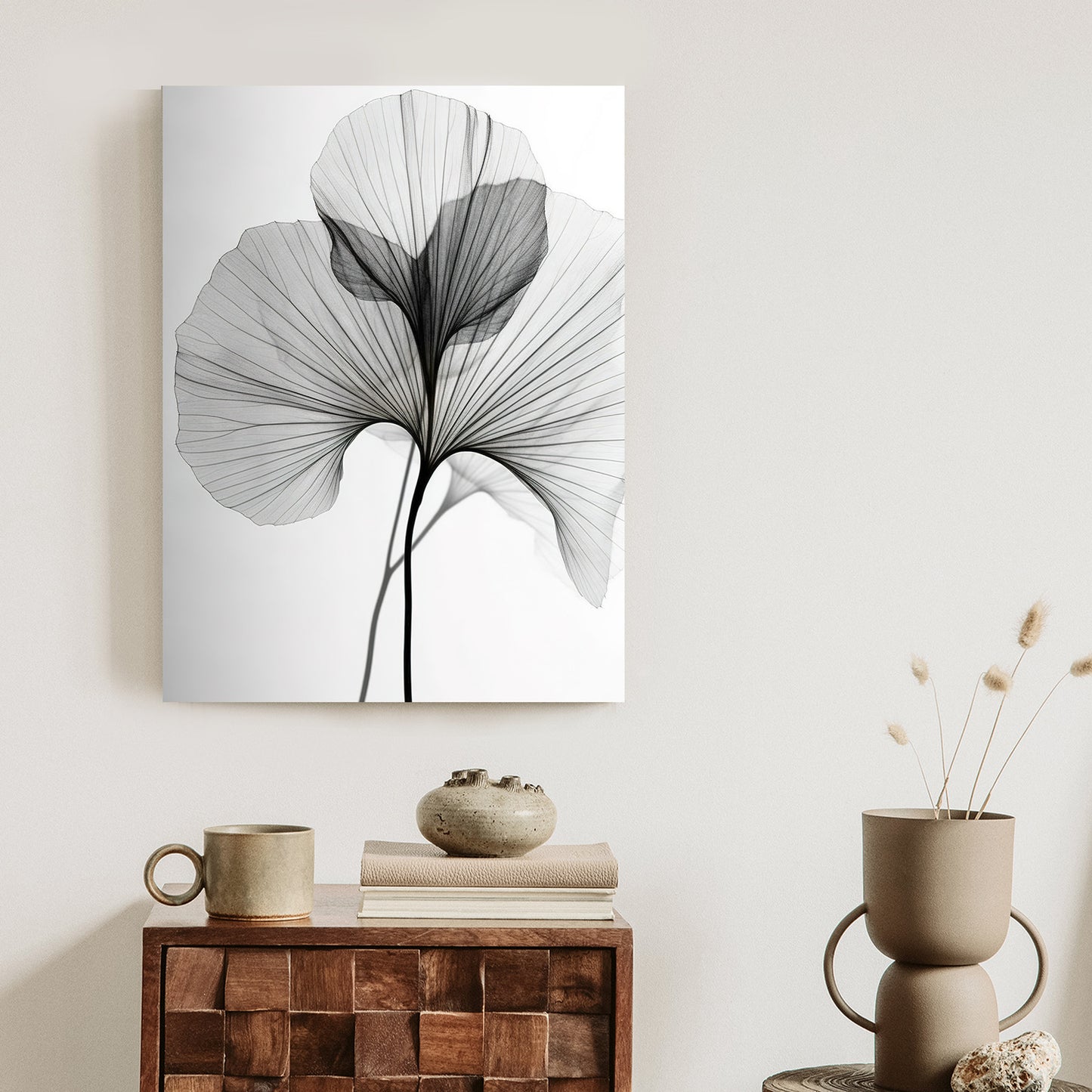 Poster Schwarze Ginkgoblätter Rahmen Hölzern Farbe Natürlich