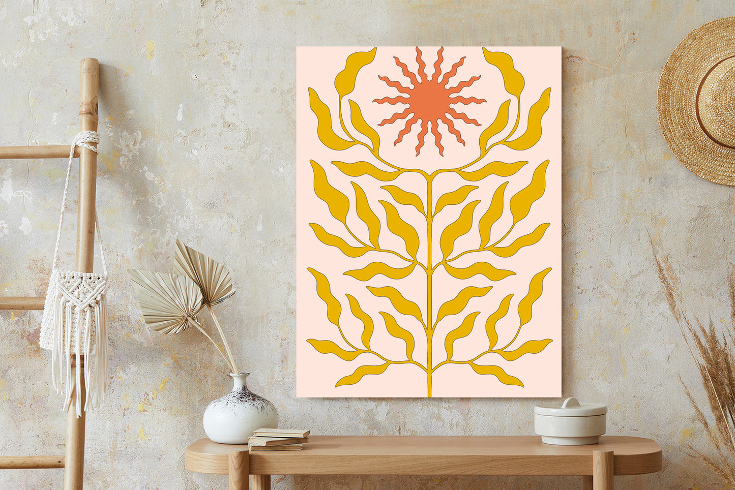 Poster Minimalistische Pflanze Im Boho-Stil Rahmen Holz Mit Passepartout Farbe Natürlich
