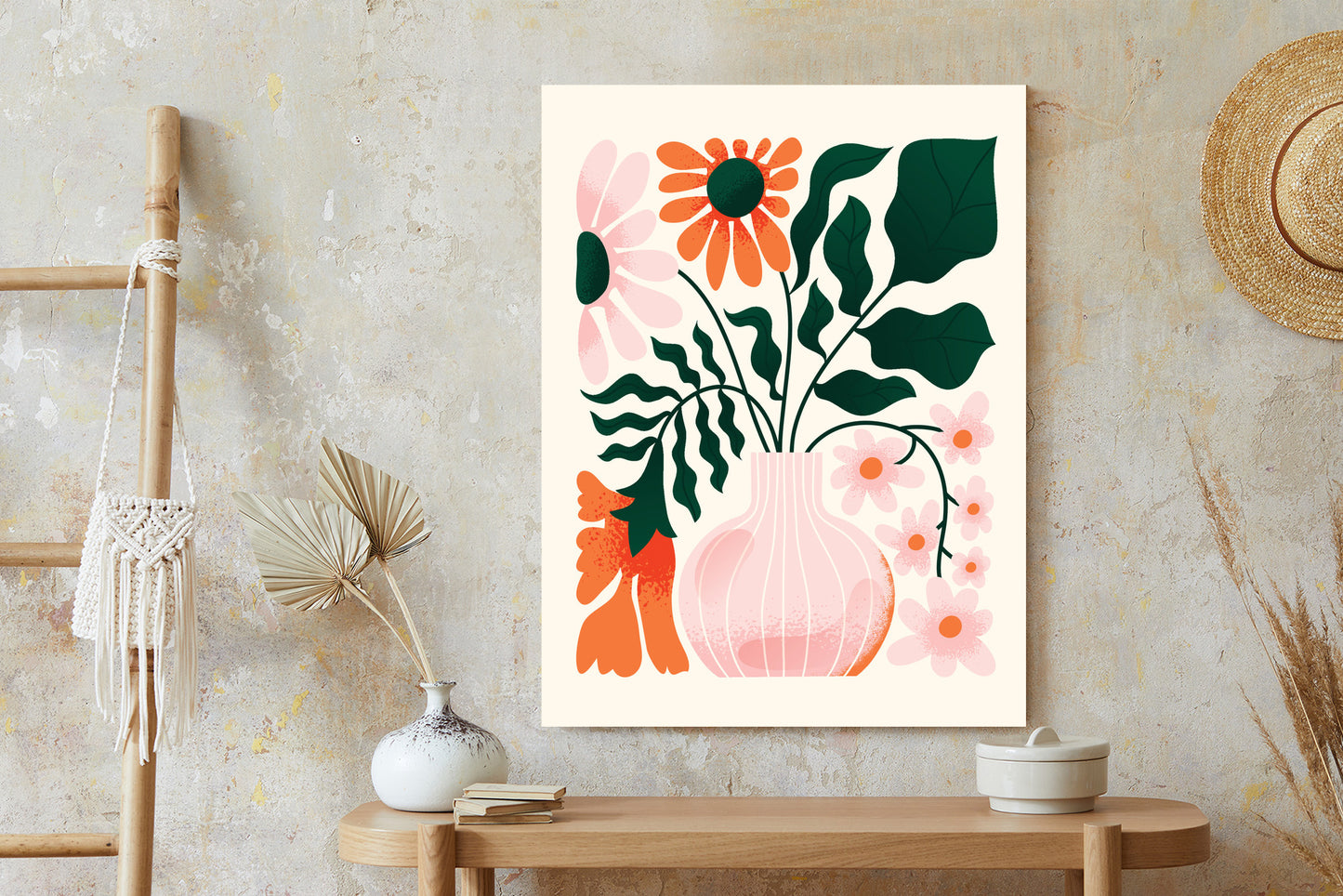 Poster Ein Blumenstrauß In Einer Rosa Vase Rahmen Holz Mit Passepartout Farbe Natürlich
